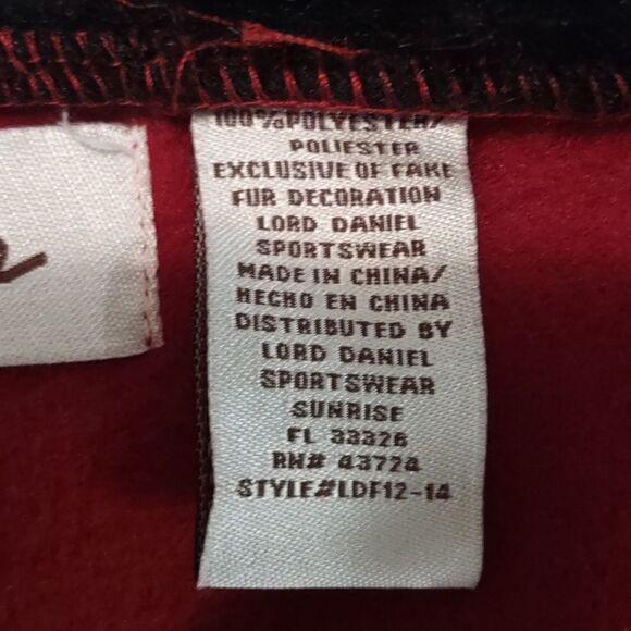 Le Moda‎ Size M Red Fleece Classic Jacket Belted Black Faux Fur Collar, Pockets - Picture 5 of 8